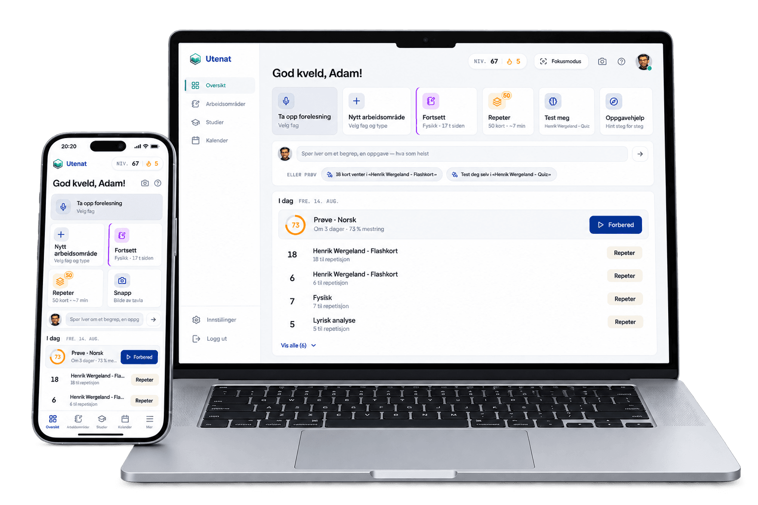 Utenat-appen med studiebobler, sammendrag og flashcards